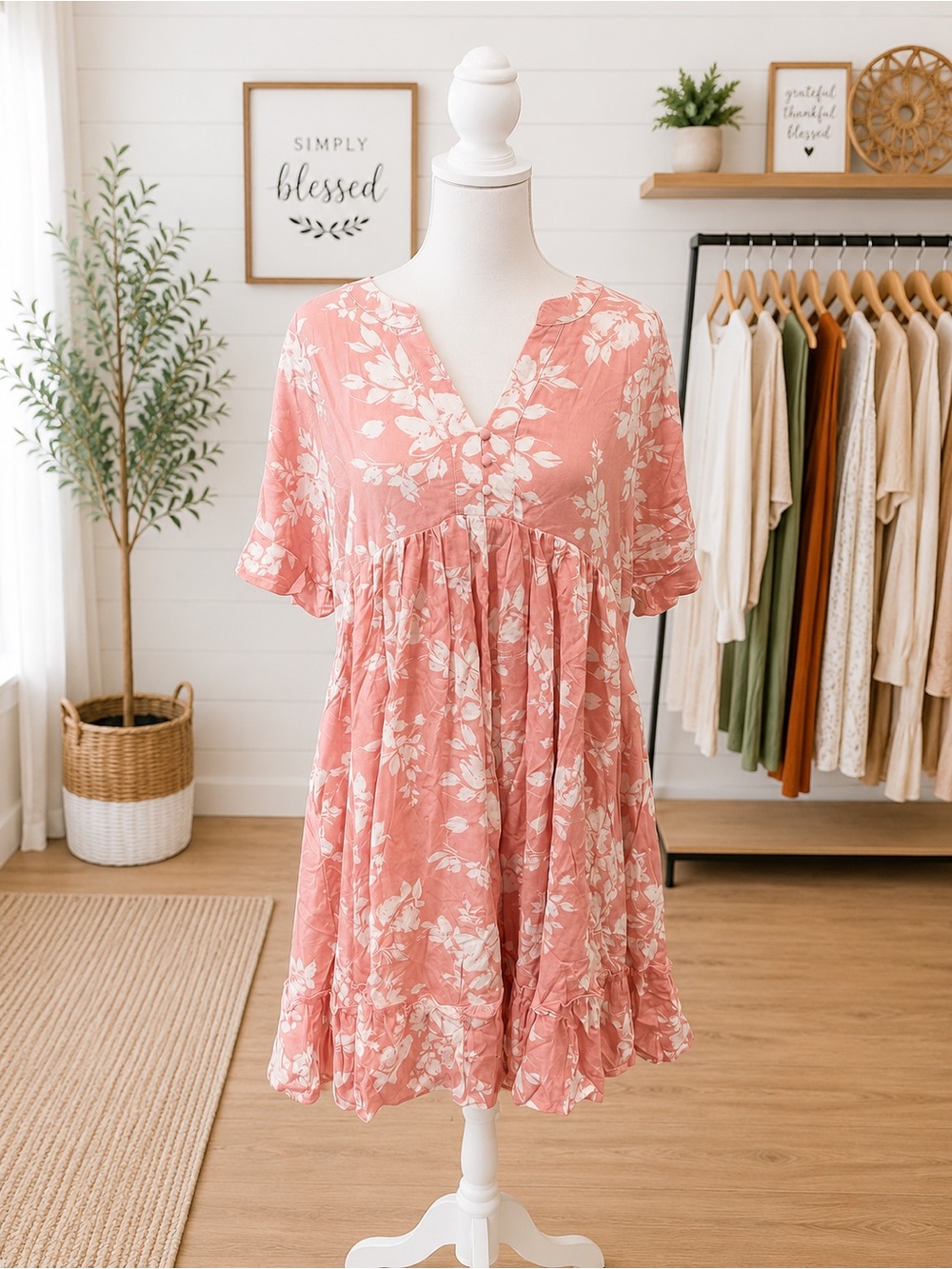 White Birch Pink Floral Babydoll Dress Large Rayon Lined Boutique Boho